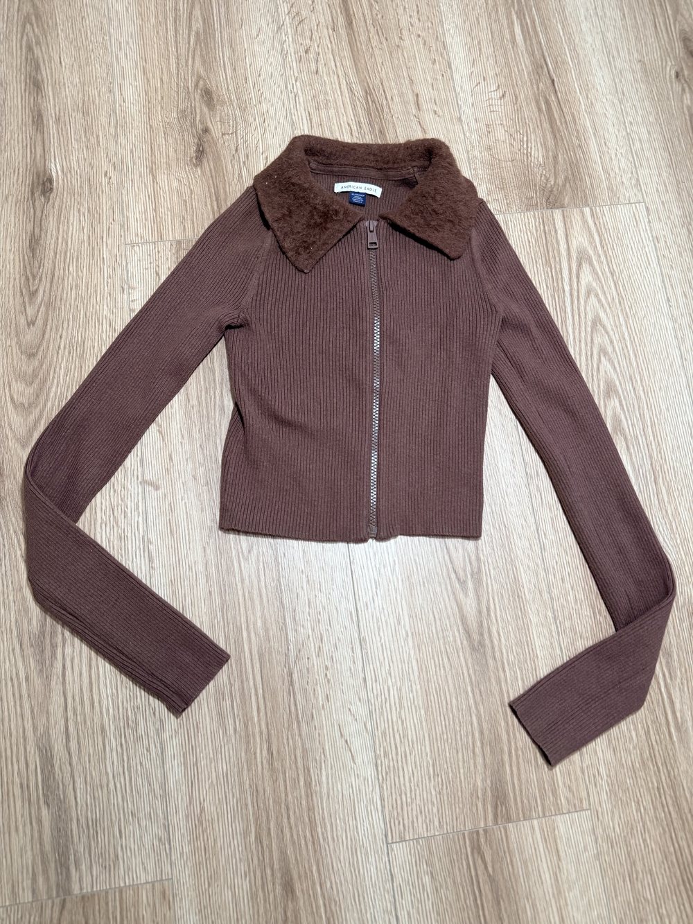 American Eagle Outfitters Brown Ribbed Zip Bomber with Faux Fur Collar